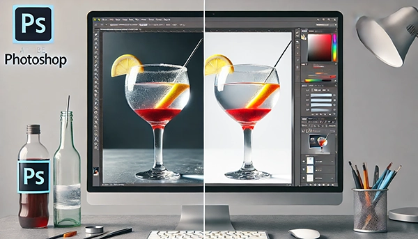 aus dem Fotostudio der PRO-ducto GmbH Professionelle Produktfotografie: Ein Monitor zeigt die Bearbeitung eines Cocktailbildes als Freisteller für mehr Sichtbarkeit und Umsatz. Produktfotografie